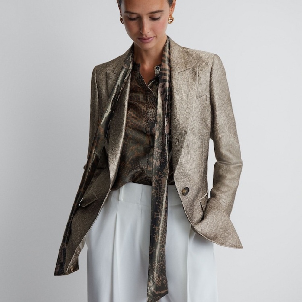 Reiss Metallic Single Breasted Blazer in Gold
